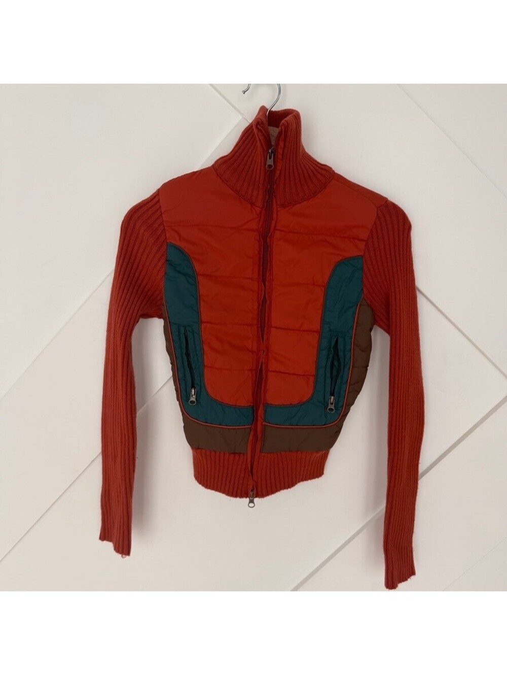 Vintage Rust Orange Ribbed Knit Quilted Panel Full Zip 60's 70's Jacket XS